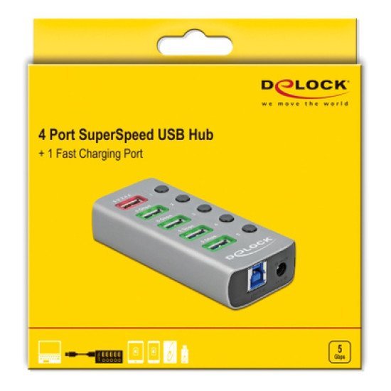 Delock Usb Hub Με Διακόπτες 63262, 5X Usb, 5Gbps, 2.4A, Γκρι