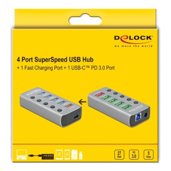 Delock Usb Hub Με Διακόπτες 63263, 5X Usb & Usb-C Pd, 5Gbps, 2.4A, Γκρι