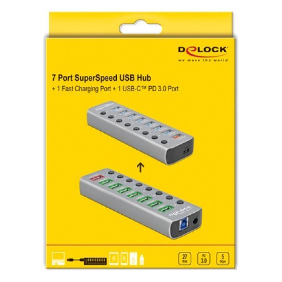 Delock Usb Hub Με Διακόπτες 63264, 8X Usb & Usb-C Pd, 5Gbps, 2.4A, Γκρι