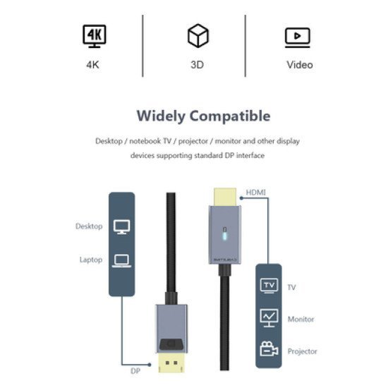 Cabletime Καλώδιο Displayport Σε Hdmi Av585, Με Led, 4K, 1.8M, Μαύρο