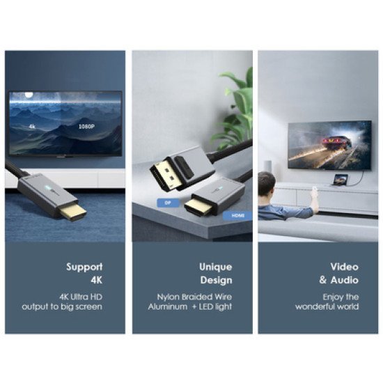 Cabletime Καλώδιο Displayport Σε Hdmi Av585, Με Led, 4K, 1.8M, Μαύρο