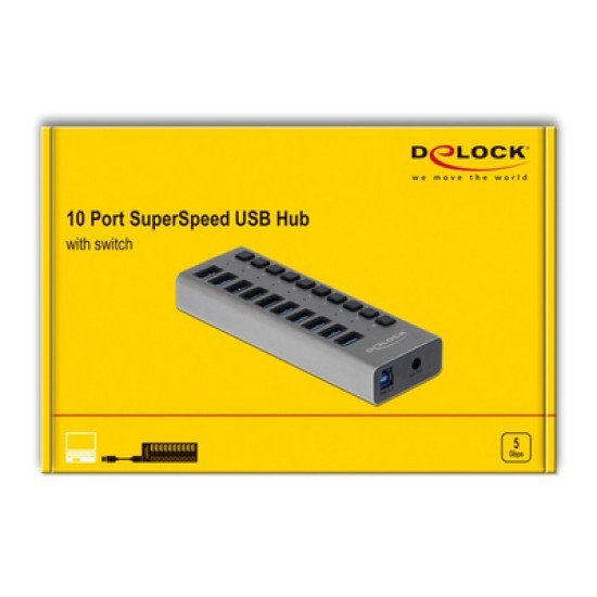 Delock Usb Hub Με Διακόπτες 63670, 10X Usb, 5Gbps, Led, Γκρι