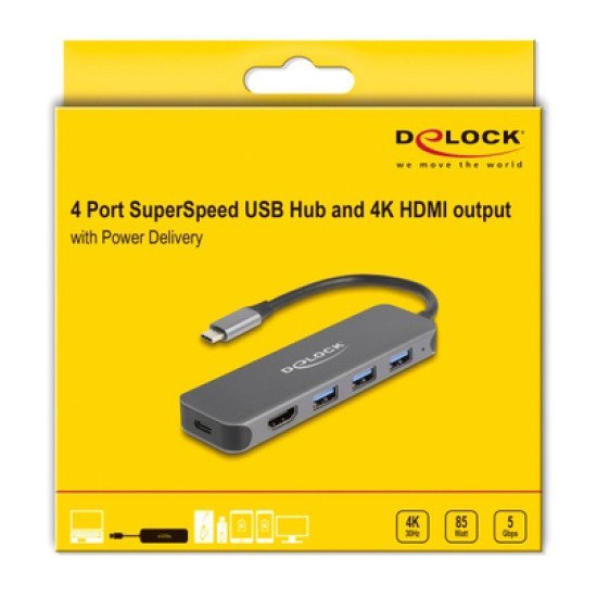 Delock Usb-C Hub 64171, 3X Usb 5Gbps, Hdmi 4K, Usb-C Pd 85W, Γκρι