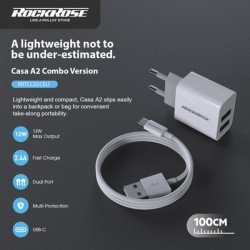 Rockrose Φορτιστής Τοίχου Rrtcc02Ceu, Καλώδιο Usb-C, 2X Usb 12W, Λευκός