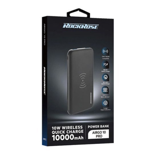 ROCKROSE power bank RRPB12, 10000mAh, 3x output & wireless, 18W, μαύρο