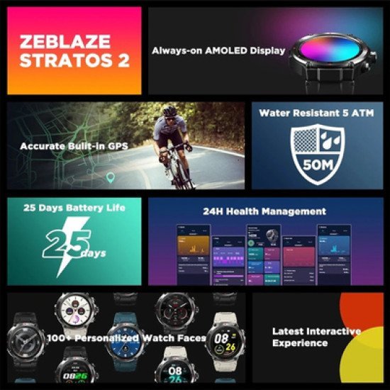 Zeblaze Smartwatch Stratos 2, 1.3" Amoled, Gps, Heart Rate, 5 Atm, Μαύρο Zeblaze Smartwatch Stratos 2, 1.3" Amoled, Gps, Heart Rate, 5 Atm, Μαύρο