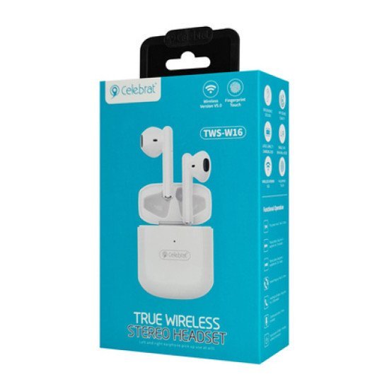 Celebrat Earphones Με Θήκη Φόρτισης W16, True Wireless, Λευκά