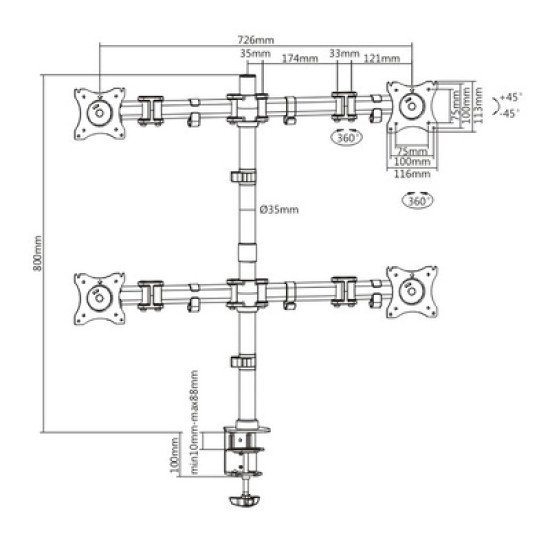 Itechmount Βάση Γραφείου Mbs-22F Για 4 Οθόνες 13"-27", 8Kg Ανά Οθόνη