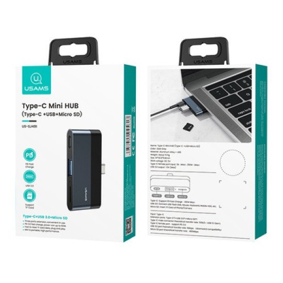 Usams Usb-C Hub Us-Sj491, Usb/Usb-C Pd/Micro Sd Θύρες, 5Gbps, Γκρι