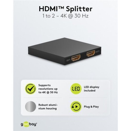 Goobay Hdmi Splitter 58480, 1-In Σε 2-Out, 4K/30Hz, Μαύρο