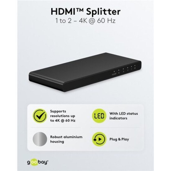 Goobay Hdmi Splitter 58481, 1-In Σε 2-Out, 4K/60Hz, Μαύρο