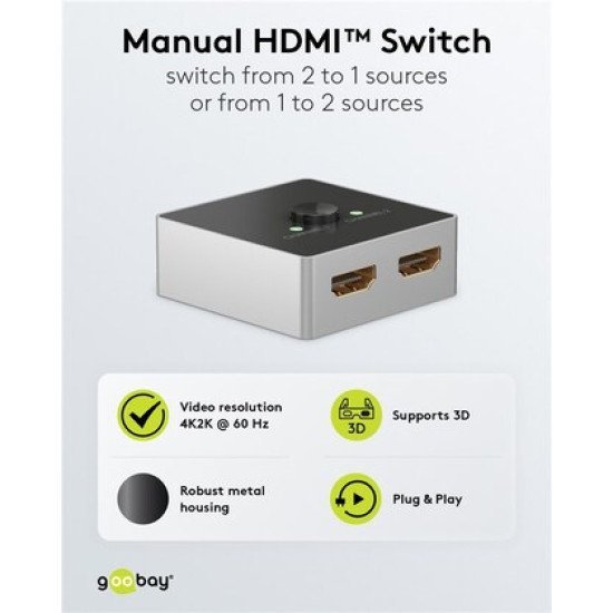 Goobay Hdmi Switch 58486, 2-In Σε 1-Out, 4K/60Hz, Μαύρο