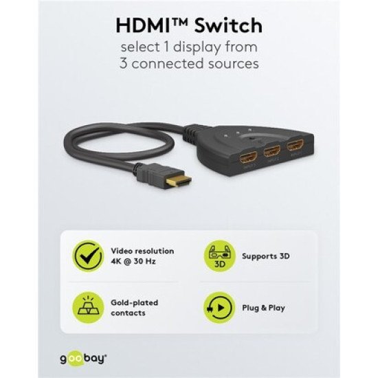 Goobay Hdmi Switch 58487, 3-In Σε 1-Out, 4K/30Hz, Μαύρο Goobay Hdmi Switch 58487, 3-In Σε 1-Out, 4K/30Hz, Μαύρο