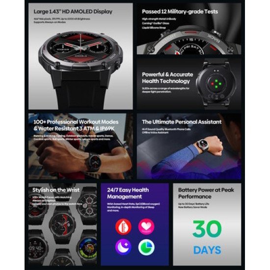 Zeblaze Smartwatch Vibe 7 Pro, 1.43" Amoled, Ηχείο & Mic, 3 Atm, Μαύρο