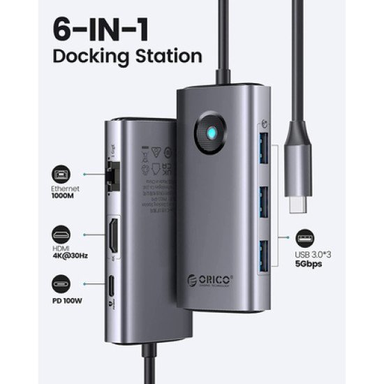 Orico Docking Station Pw11-6Pr, 3X Usb/Usb-C/Hdmi/Rj45, 4K, 100W, Γκρι