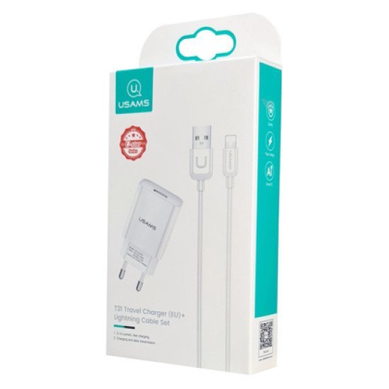 Usams Φορτιστής Τοίχου T21Ocln01 Με Καλώδιο Lightning, Usb 2.1A, Λευκός