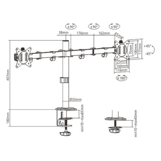 Brateck Βάση Γραφείου Ldt66-C024 Για 2 Οθόνες 17"-32", Έως 9Kg Ανά Οθόνη