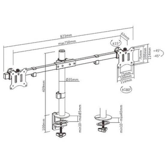 Brateck Βάση Γραφείου Ldt57-C02 Για 2 Οθόνες 17"-32", Έως 9Kg Ανά Οθόνη