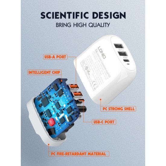 Ldnio Φορτιστής Τοίχου A3511Q Με Καλώδιο, Usb-C/2X Usb, 65W, Gan, Λευκός