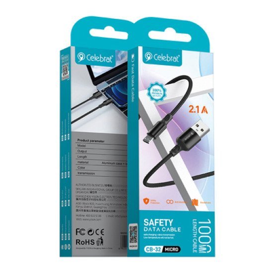 Celebrat Καλώδιο Micro Usb Σε Usb Cb-32, 2.1A, 1M, Μαύρο Celebrat Καλώδιο Micro Usb Σε Usb Cb-32, 2.1A, 1M, Μαύρο
