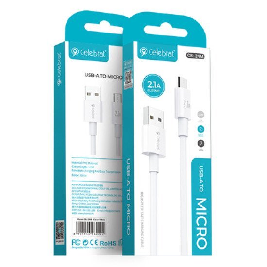Celebrat Καλώδιο Micro Usb Σε Usb Cb-24M, 2.1A, 1.2M, Λευκό Celebrat Καλώδιο Micro Usb Σε Usb Cb-24M, 2.1A, 1.2M, Λευκό
