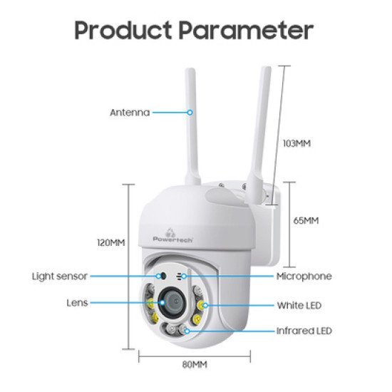 Powertech Smart Κάμερα Pt-1144, 2Mp, Wi-Fi, Ptz, Ip65 Powertech Smart Κάμερα Pt-1144, 2Mp, Wi-Fi, Ptz, Ip65
