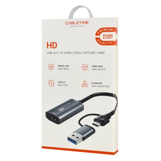 Cabletime Hdmi Video Capture Ct-Achc-Ag, Usb & Usb-C, 4K/60Hz, Γκρι