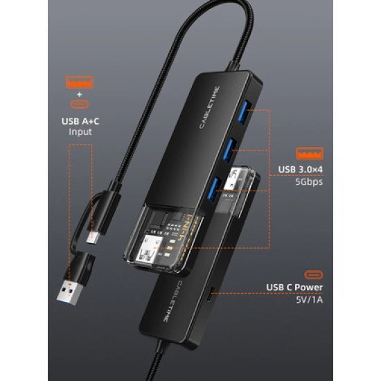 Cabletime Usb Hub Ct-Hubt3-Pb, 4X Θυρών, Usb/Usb-C Σύνδεση, 5Gbps, Μαύρο