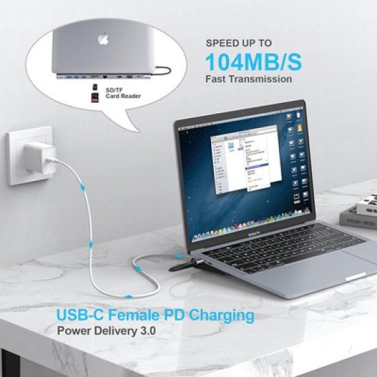 Powertech Docking Station Cab-Uc080, 10 Θυρών, Βάση Laptop, Usb-C, Γκρι