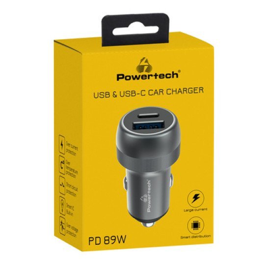 Powertech Φορτιστής Αυτοκινήτου Pt-1148, Usb & Usb-C, 89W Pd & Qc, Γκρι