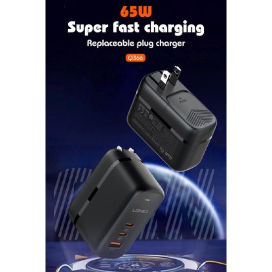 Ldnio Φορτιστής Τοίχου Q366 Με Καλώδιο, Usb/2X Usb-C, 65W, Gan, Μαύρος Ldnio Φορτιστής Τοίχου Q366 Με Καλώδιο, Usb/2X Usb-C, 65W, Gan, Μαύρος