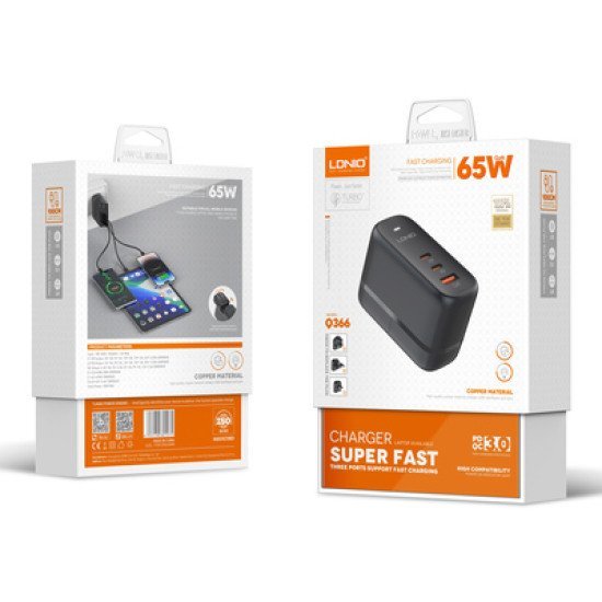 Ldnio Φορτιστής Τοίχου Q366 Με Καλώδιο, Usb/2X Usb-C, 65W, Gan, Μαύρος Ldnio Φορτιστής Τοίχου Q366 Με Καλώδιο, Usb/2X Usb-C, 65W, Gan, Μαύρος