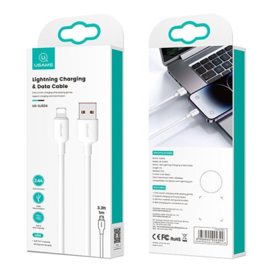 Usams Καλώδιο Lightning Σε Usb Us-Sj604, 2.4A, 1M, Λευκό Usams Καλώδιο Lightning Σε Usb Us-Sj604, 2.4A, 1M, Λευκό
