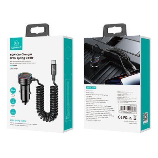 Usams Φορτιστής Αυτοκινήτου Us-Cc167 Με Καλώδιο, Usb/Usb-C, 60W, Μαύρος Usams Φορτιστής Αυτοκινήτου Us-Cc167 Με Καλώδιο, Usb/Usb-C, 60W, Μαύρος