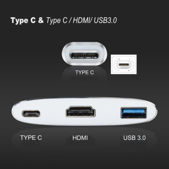 Cabletime Docking Station Ct-Cmhd31, 3 Θυρών, Usb-C, 60W Pd, 4K, Ασημί