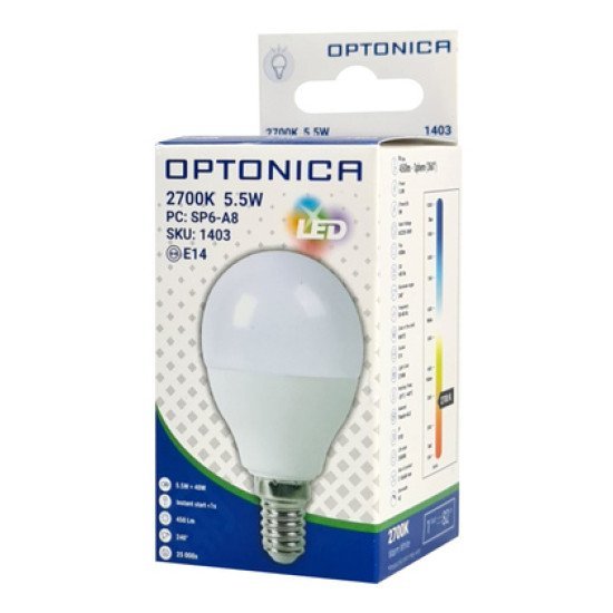 Optonica Led Λάμπα G45 1403, 5.5W, 2700K, 450Lm, E14 Optonica Led Λάμπα G45 1403, 5.5W, 2700K, 450Lm, E14