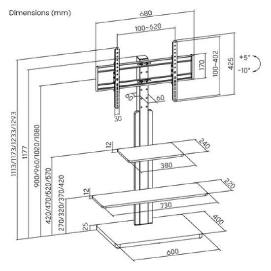 Brateck Βάση Δαπέδου Fs52-46T-02 Για Τηλεόραση 32-75" Έως 40Kg, Με Ράφια Brateck Βάση Δαπέδου Fs52-46T-02 Για Τηλεόραση 32-75" Έως 40Kg, Με Ράφια