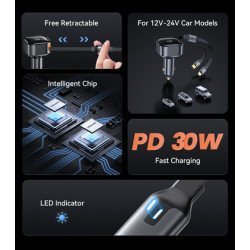Usams Φορτιστής Αυτοκινήτου Us-Cc219 Καλώδιο Usb-C/Lightning 30W, Μαύρος