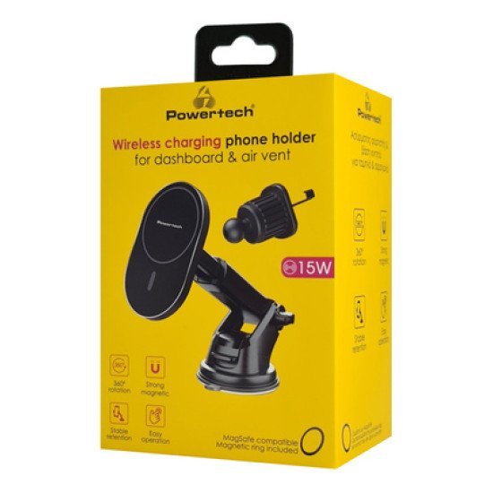 Powertech Ασύρματος Φορτιστής & Βάση Αυτοκινήτου Pt-1241, 15W, Μαύρος