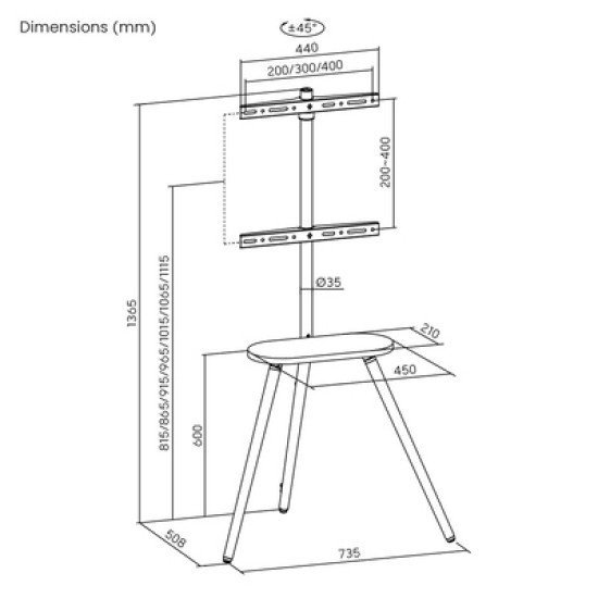 Brateck Βάση Δαπέδου Fs28-44F-04 Για Τηλεόραση 43-65" Έως 35Kg, Με Ράφι