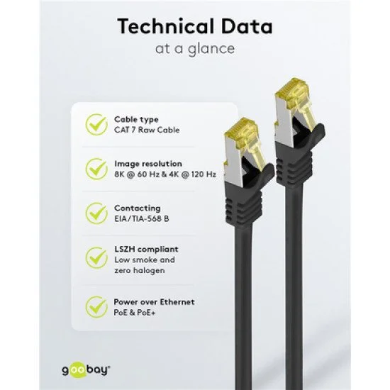 Goobay Καλώδιο Δικτύου 91581, Cat 7 S/Ftp, Copper, 10Gbps, 0.50M, Μαύρο