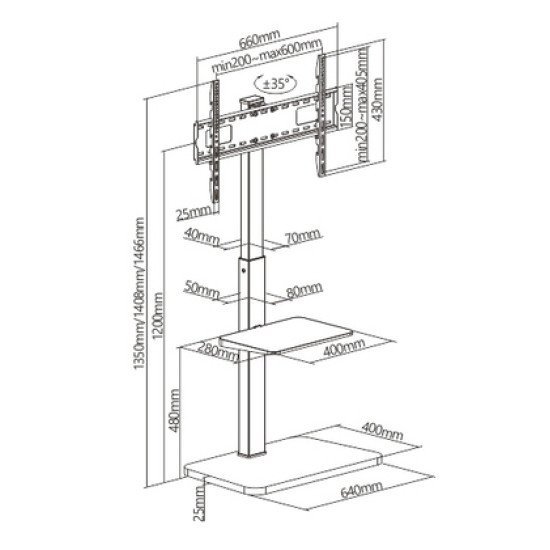 Brateck Βάση Δαπέδου Fs32-46 Για Τηλεόραση 37-75" Έως 40Kg, Με Ράφι