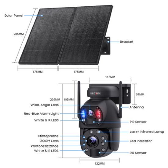 Sectec Smart Ηλιακή Κάμερα St-598-6M-4G-20W-Eu, 3Mp Dual Lens, 20X Zoom, 4G, Sd, Ptz