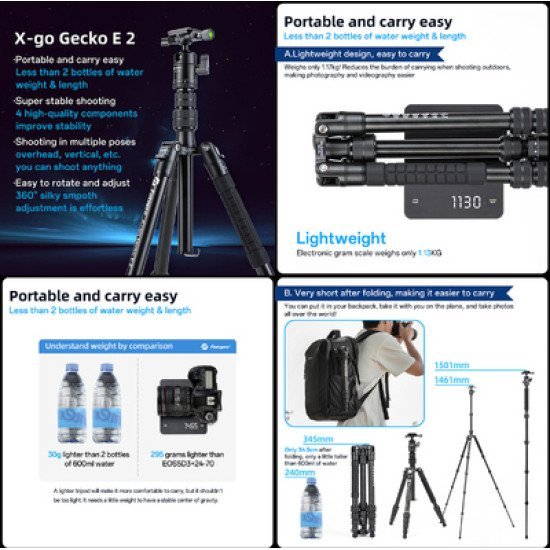 Fotopro Τρίποδο Φωτογράφισης X-Go Gecko E2, Πτυσσόμενο Έως 146.1Cm, Έως 8Kg, Μαύρο Fotopro Τρίποδο Φωτογράφισης X-Go Gecko E2, Πτυσσόμενο Έως 146.1Cm, Έως 8Kg, Μαύρο