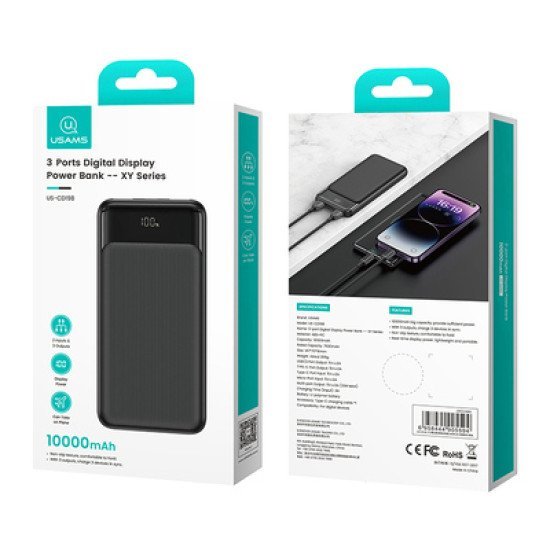 Usams Power Bank Us-Cd198, 3X Θύρες Εξόδου, 10000Mah, 10W, Μαύρο Usams Power Bank Us-Cd198, 3X Θύρες Εξόδου, 10000Mah, 10W, Μαύρο