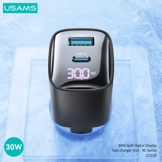 Usams Φορτιστής Τοίχου Us-Cc229, Usb & Usb-C, 30W, Gan, Μαύρος Usams Φορτιστής Τοίχου Us-Cc229, Usb & Usb-C, 30W, Gan, Μαύρος