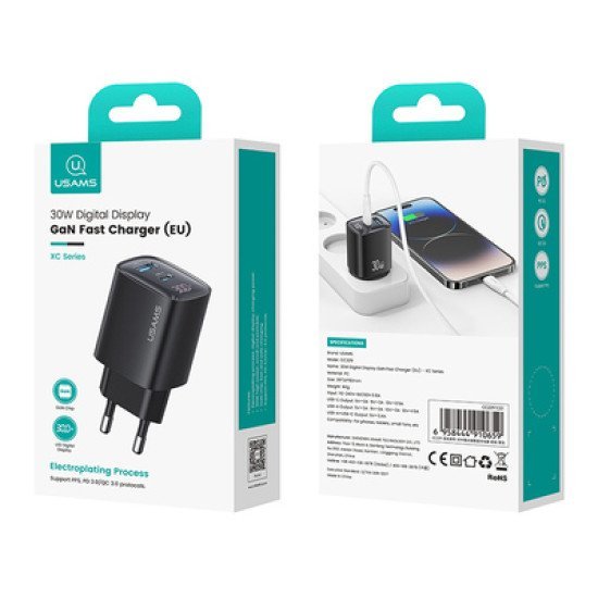 Usams Φορτιστής Τοίχου Us-Cc229, Usb & Usb-C, 30W, Gan, Μαύρος Usams Φορτιστής Τοίχου Us-Cc229, Usb & Usb-C, 30W, Gan, Μαύρος