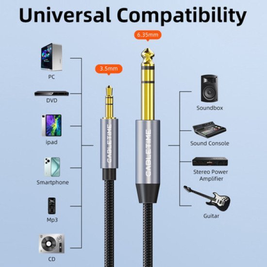Cabletime Καλώδιο Ήχου 3.5Mm Σε 6.35Mm Ct-Av321-H11G, 2M, Μαύρο Cabletime Καλώδιο Ήχου 3.5Mm Σε 6.35Mm Ct-Av321-H11G, 2M, Μαύρο