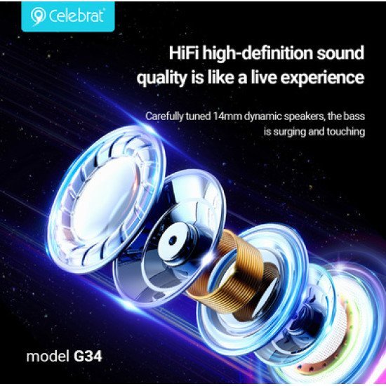 Celebrat Earphones Με Μικρόφωνο G34, 3.5Mm Σύνδεση, 14Mm, 1.2M, Μαύρα Celebrat Earphones Με Μικρόφωνο G34, 3.5Mm Σύνδεση, 14Mm, 1.2M, Μαύρα
