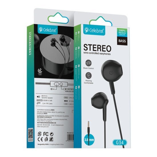 Celebrat Earphones Με Μικρόφωνο G34, 3.5Mm Σύνδεση, 14Mm, 1.2M, Μαύρα Celebrat Earphones Με Μικρόφωνο G34, 3.5Mm Σύνδεση, 14Mm, 1.2M, Μαύρα